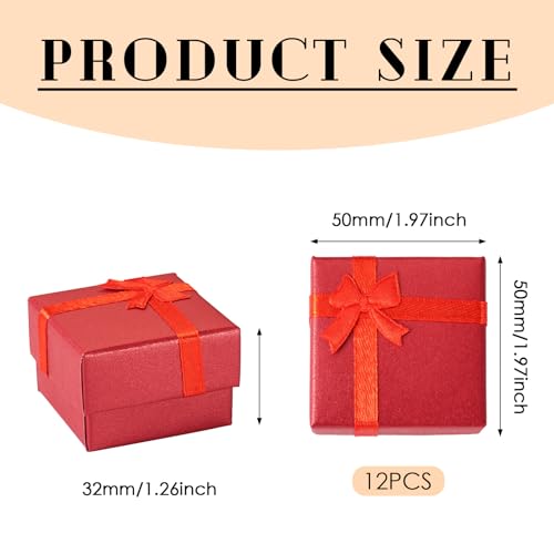 12 stuks Kartonnen ringen Doosjes 5x5x3,2cm Vierkante kleine ring sieraden dozen met sponge Lid Bow knoop voor Kerstmis bruiloft Valentijnsdag, Rood