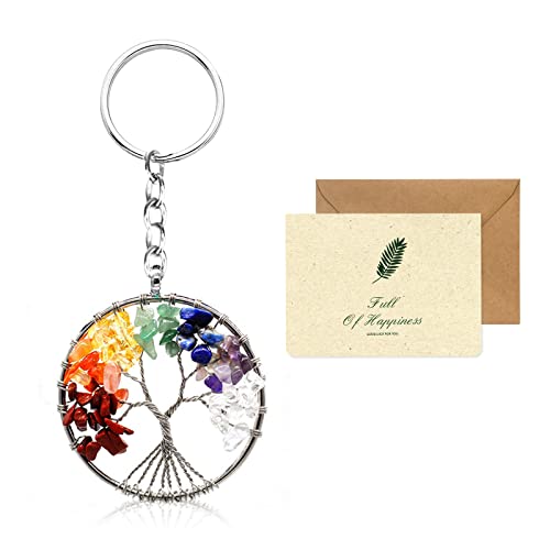 Boom van het leven Keychain, Mooie 7 Chakra Healing Crystal Tree of Life Keychain Gemstone Lucky Charm Keychain met een kaart voor paar, minnaar, mam en vrienden