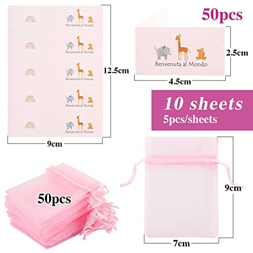 50 stuks Organza Tassen met 50 Benvenuto Cadeau Hangers en 100 Plastic Tassen voor Cadeauverpakking (Roze)