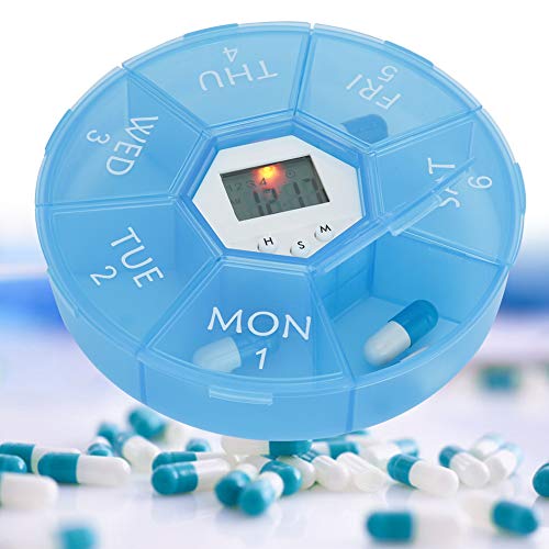 BlueAutomatic Medicatie Herinnering Dagelijkse Pillen Herinnering met Timer, Pillen Organisator voor het instellen van alarmen en het nemen van medicijnen, 7 dagen Backlit Pill Box