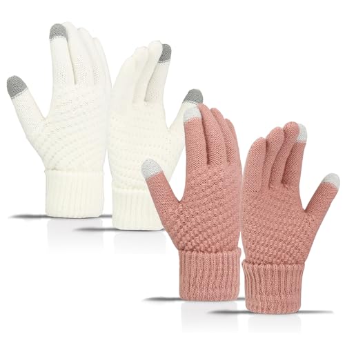 2 Paren Women's Winter Thermische Gebreide Handschoenen Vrouwen Winter Touchscreen Handschoenen Winter SMS Handschoenen Elastische Manchet Non-Slip Handschoenen (Wit, Roze), Wit, Roze,, Wit, Roze