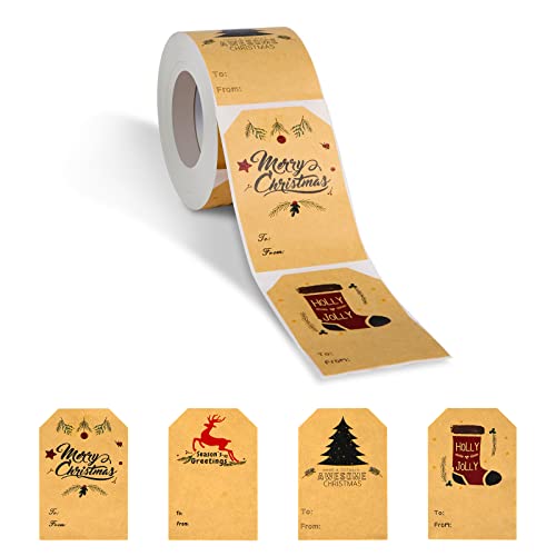 300st 5x7.5cm Zelfklevende Kerstcadeau Tags, Kraftpapier Kersttickers op rol Decoratieve Cadeaulabels Stickers voor cadeauverpakking Do-It-Yourself Crafts