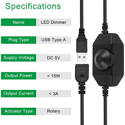 LED Strip Light Dimmer USB Vrouw naar Man Kabel met Dimbare Rotary Switch Controller 5V LED Light Switch Switch Verstelbare Switch, 2 stuks