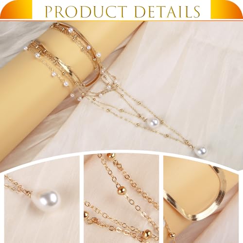 Multi Row Gold Pearl Ketting met hanger Choker Boho Gold Plated voor vrouwen Valentijnsdag Thanksgiving Gold, Goud 3