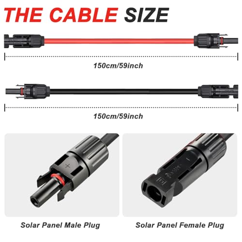 Solar Panel Extension Cable, 10 AWG, Solar Panel Male to Female Plug Adapter Extension Cable with Keys (2 Pieces, 4.9 Feet / 1.5 Meter)