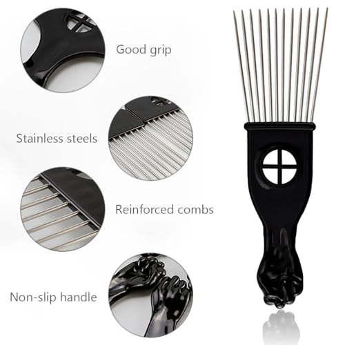 3 stuks metaal Afro Comb, metalen haar picking Combs brede tandenhaar picking Comb Afro Pick Comb Set Professionele kappers styling tool voor krullende kapsalon kapsel vrouwen en mannen (zwart) 4