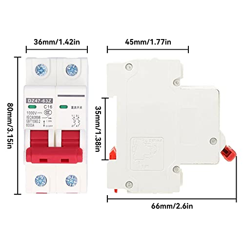 DZ47-63Z Miniature Circuit Breaker, 2P Low Spanning 6000A Breaking Capacity DIN Rail Mount 16A Rail Mounted Circuit Breaker Low Voltage DC 1000V