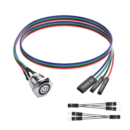DIY Computer Switch, Power Button, 16 mm LED, PC Power Switch met 1 tot 2 Splitters, Vernikkeld Aluminium, Mechanische Knop, IP67 Waterdicht, Blauw Achterlicht, 60