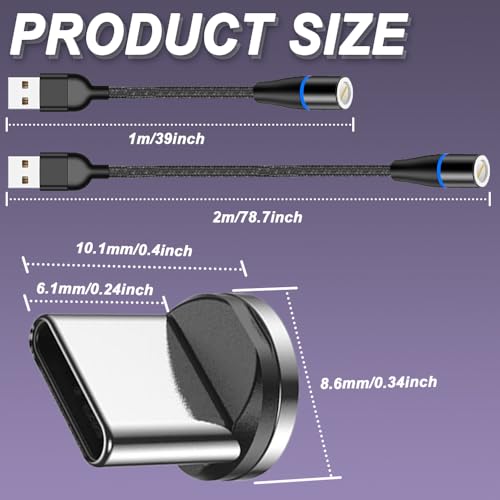7 Pin Magnetische Charging Kabel, Type-C naar USB Magnetische Telefoon Oplader Kabel met LED-licht (2m+1m), met Type-C Magnetische Tips