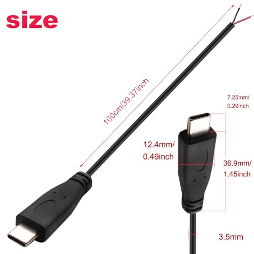 Pak van 5 USB C Plug Kabel USB C Plug Soldering 22AWG 5V 3A 2-Wire USB C Extension Kabel (1m) voor Arduino LED Strips