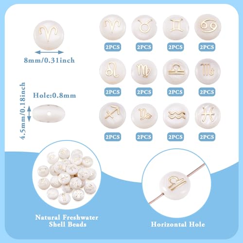 Platte Ronde Natuurlijke Zoetwater Shell Kralen met Zodiac Tekenpatroon Schijf Shell Kralen Spacer Kralen 8mm 12 stijlen voor DIY armband sieraden maken, Witte Rook 4