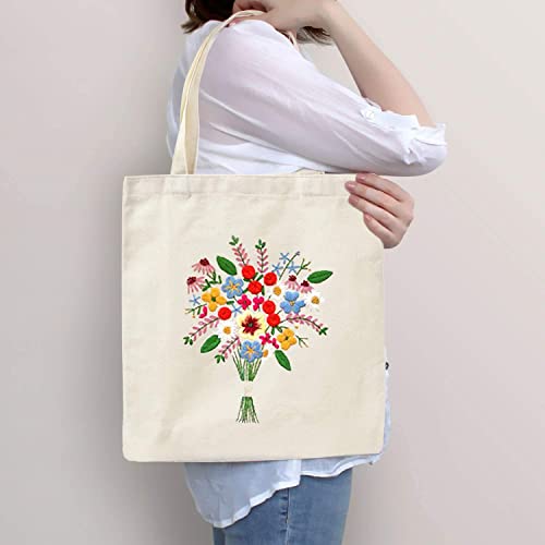 Canvas tote zak borduurwerk set met patroon en handmatig, inclusief bloemen borduurzak, bamboe borduurwerk frame, gekleurde borduurdraad en gereedschappen 5