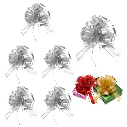 6 stuks Grote Pull Bow, Cadeauverpakking, 22,5cm Ribbon Organza Silver Bows voor Cadeauverpakking, Bruidsmanden Auto