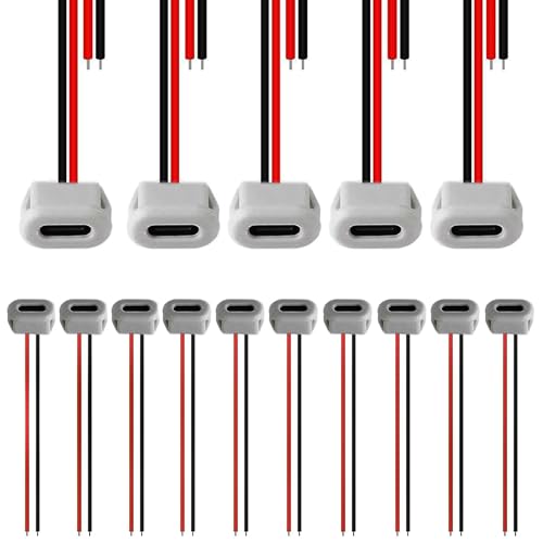 15 stuks USB-C Bus 2-Wire Inbouw Type C C Connector, USB Pigtail Cable, USB Flush-Mounted Socket, USB-C Socket voor Panel Mount, 3A Quick Charge Type-C Bushing met Snap Groove Buckle, Wit
