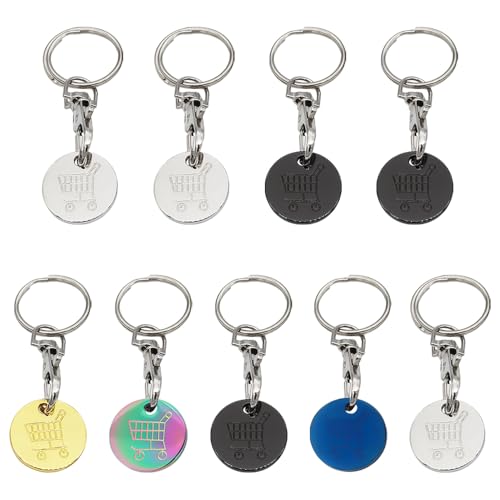 9 stuks Trolley Munten, Roestvrij stalen Munt Sleutelhanger Winkelwagen, Coin Winkelwagen, Coin Winkelwagen, Sleutelhanger, UK Set, Trolley Munten voor Supermarkt, Verwijderbare Winkel Sleutelhanger