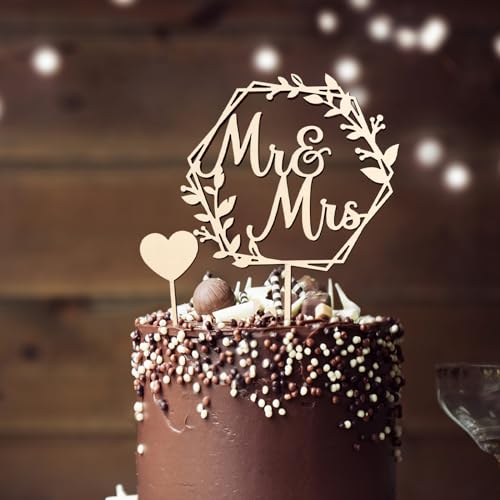 2 stukken bruiloft cake decoratie houten decoratie Mr. Mevr. Hart cake decoratie voor cupcakes bachelorette Partij Gouden Bruiloft
