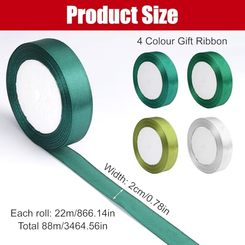 4 Rolls Gift Ribbon 20mm x 88m Satin Ribbon Green, Lint voor het inpakken van Gift Ribbon Trouwstoffen Satin Gift Ribbon, Solid Color Ribbon Stof Ribbon voor Boeketten, Verjaardag, Verpakking