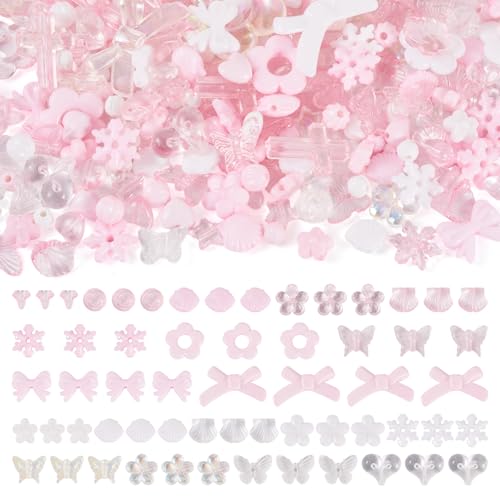 100g diverse acryl kralen bloem kraal caps boeg vlinder hart blad esthetische ambachtelijke kralen bulk voor armband sieraden maken, parel roze & wit
