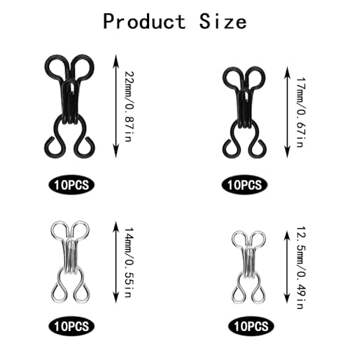 40 paar BH haken, oogsluiting, naaihaak Haak sluiting, metalen oogjes, bevestigingsmiddelen, naaihaken en ogen Sluiting voor naaien, 4 maten, naaien, DIY Craft Accessoires (zilver,, zwart