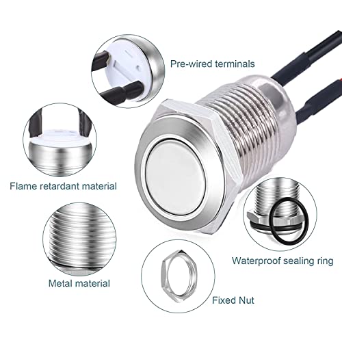 10 × Instantane waterdichte knopen, Roestvrij staal, rond, 12 mm, Pre-Wired, belknop 2 A/12 V/24 V/125 V/250 V (Flat Head) 4
