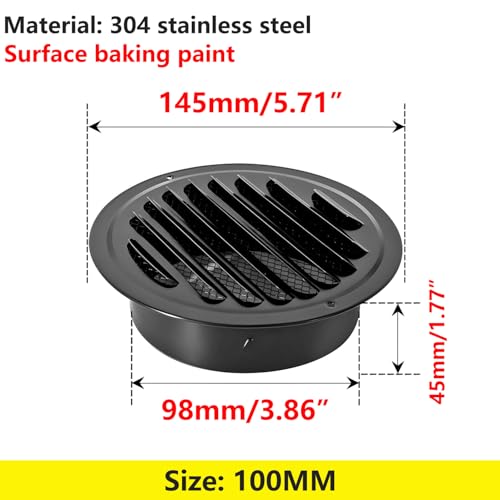 1PCS Wall Grille Grille, 100mm luchtventilatie Duct Cover, 304 roestvrij staal, ronde wandventilatie Outlet met Insect Mesh, Air Vent Grille Cover, zwart