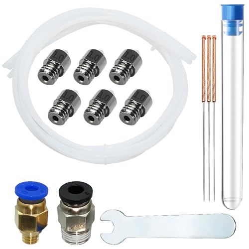 Gehard stalen spuitmonden, voor 1,75 mm filament Ender 3, 6 x MK8 mondstuk van gehard staal 1 mm + 3 x reinigende stalen naald 1 mm + 1 stuk PC4-M6-M10+ 6 mm sleutel + 3 x 1 m Teflon slang
