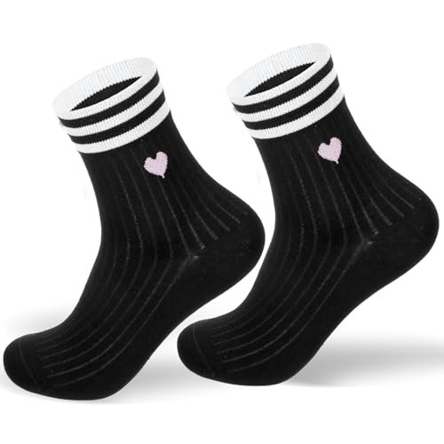 1 paar zwarte sokken voor vrouwen, maat 36-43, Cotton White Retro Tennis Tennis Sokken met hart, ademend, katoen voor meisjes, tieners (zwart)