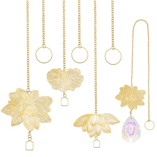 6 stuks, 3 stijlen, goud ketting lotus blad opknoping decoraties in de vorm van een lotus blad voor prisma ramen, binnen en buiten tuin decoratie, 47.5-50.5cm
