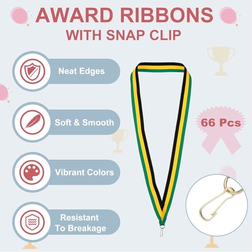 Award Neck Ribbons met Click Clips, 66 stuks Polyester Medal Lanyards Blanco Award Ribbon voor Competition Performance Sport Party Zwart/Geel/Groen 3