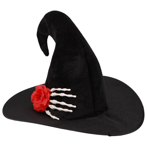 Witch Hat voor volwassenen, Halloween Wizard Hat met rozen en schedel hand patroon Cosplay kostuum accessoires voor Halloween Party (zwart)