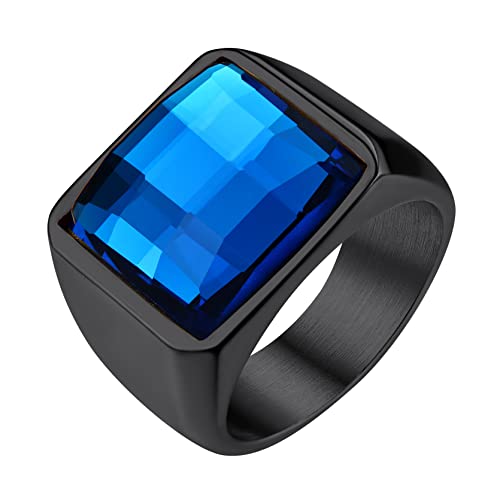 Juwelier Mannen Square Edelstenen Singet Ringen, Gepersonaliseerde Roestvrij stalen Pinky Ring met Zwarte Onxy Blue Topaz Geboortesteen Verklaring Ring
