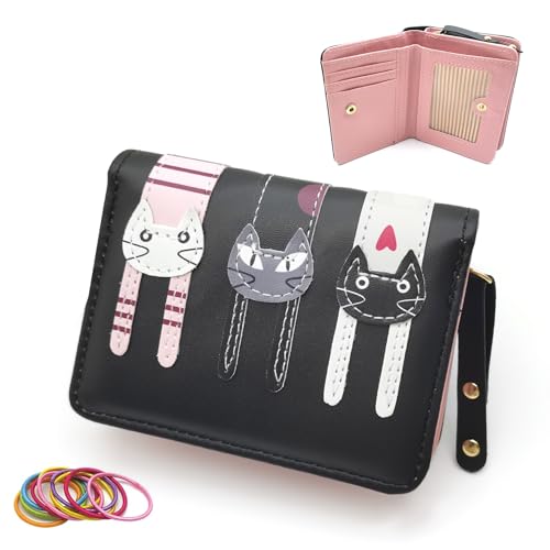 Meisjes portemonnee voor tieners, schattige cartoon kat kids portemonnee kleine PU lederen portemonnee voor meisjes met rits munt kaart stempel foto-opslag, Zwart, Modern