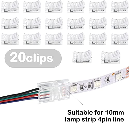 Verpakking van 20 LED Strip Connectors, 4 Pin, 10 mm, Solder-free Strip Connector, 4 Pin Connector, voor 10 mm, 4-Pin RGB 5050 LED Strip, 5 V, 12 V, 24 V (transparant)