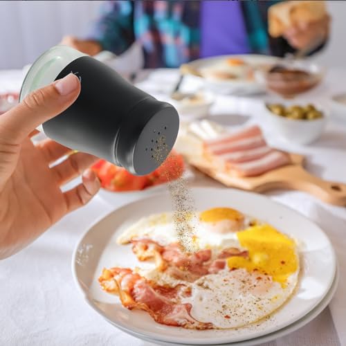 2 stuks roestvrij staal Zout Pepper Shaker Sets, Navulbare zout- en peperpotten, 120ml met helder glas bodemzout Pepper Shaker Cruet Sets voor Keuken, Barbecue, Restaurant, Camping(Zwart & White) 5