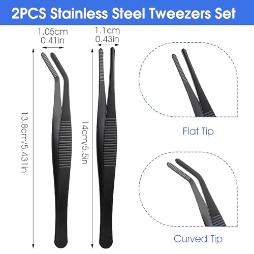 Verpakking van 2 Non-Slip gebogen Tweezers Blunt Tweezers 5.5 Inch roestvrij staal non-slip rechte Tweezers met gebogen gekartelde Rand Gebogen Tweezers voor laboratoriumwerk Waterdieren 3