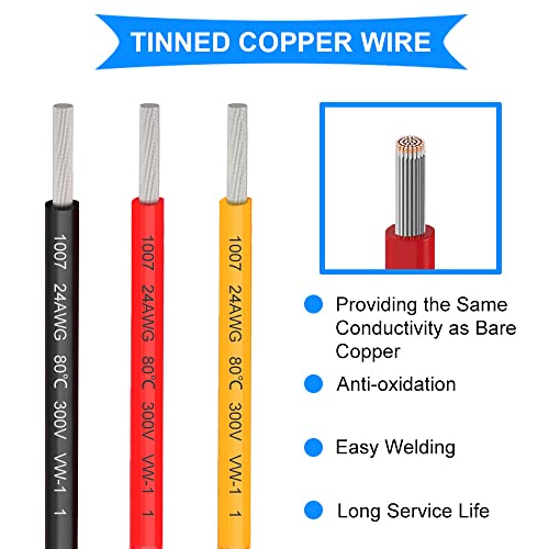 24 AWG Connection Cable Kit, 24 Gauge Elektrische Kabel, 300V, PVC isolatie, Vertind koper, massief draad, 3 kleuren (zwart, rood, geel), 7 Meters per kabel Assortiment voor DIY 3
