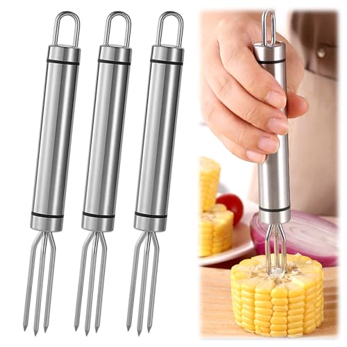 3 x roestvrij stalen aardappelvorken, aardappelvork, 18,2 x 1,8 cm, maïsvork met 3 vorken, ophangbaar, herbruikbare Pellar aardappelhouder voor maïs, fruit, aardappelen, steak, Peel Aid, Grill