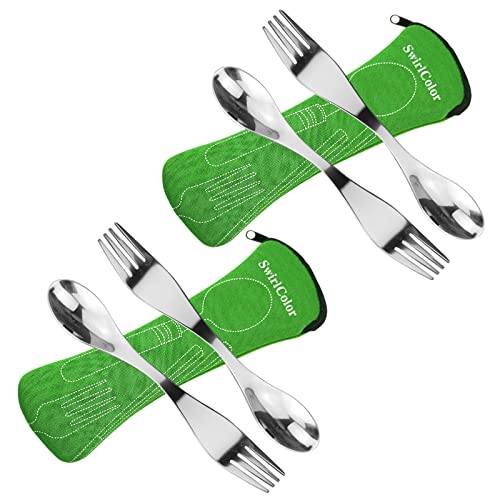 Herbruikbare Roestvrijstalen Sporks, 4 stuks, Portable Lepel, Lepel, Vork, Duurzame Camping Bestek Set met Bag voor reizen, Buiten, Picknick, Groen