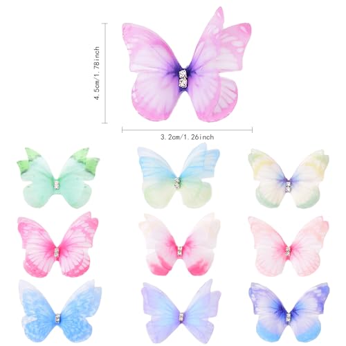 100 stuks Kleurrijke stof Vlinders voor ambachten, 3D Vlinder Appliques Wanddecoratie Accessoires 2 Lagen Mini Vlinder Toepassingen voor doe-het-zelf sieraden Scrapbooking Hair Clips (10