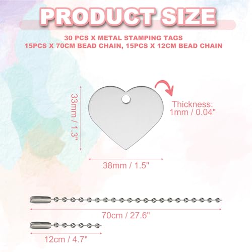 30 stuks lege metalen stansetikten, hartvorm, gegraveerde etikten, aluminium huisdieretikten met parelketting, lasergravure, blanco voor doe-het-zelf handwerk, inrichting, zilverleurig