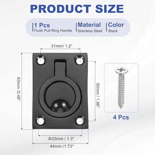 2-1/2"-1-3/4" Flush Pull Ring handgrepen, 316 Roestvrij staal Vierkante inbouwdeur Pull Hidden Boat Hatch Latch met schroef voor Marine Yacht Meubilair, Zwart