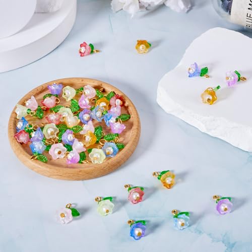 42 st. Transparante Lily Glazen Hangers met Parels Sprayed Helder Bloemen Blaadjes Bedels met Leaf voor DIY Handgemaakte oorbellen Ketting sieraden maken, Glas 3