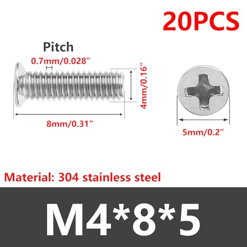 M4 x 8mm Roestvrij staal Countersunk Schroeven, Cross Head Machine Schroeven, Full Threaded Fixing Schroeven, voor machines, meubels, hout, 20st