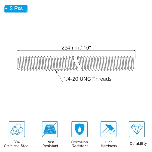 1/4"-20 UNC Integraal draadstaaf, roestvrij staal, 304, 3 st lang, 25 cm lang draad, rechter draad, alle pennen, draadstaaf voor Ankerbouten, U Bolts