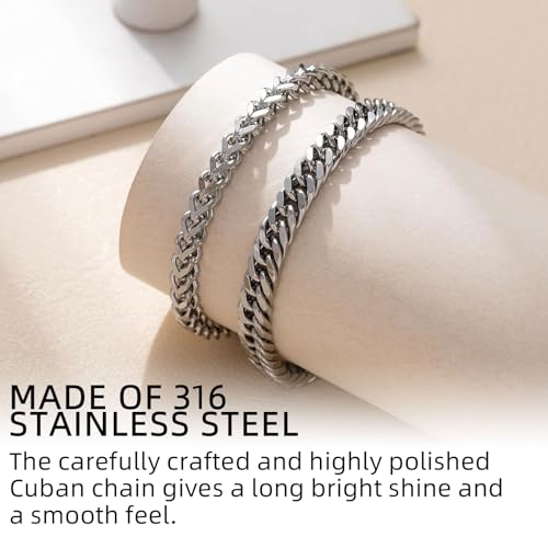 2 stuks roestvrij stalen armbanden voor mannen, zilver, stoeprand ketting, heren armband, zilveren armband mannen, paar armbanden jongens, zware schakel armbanden voor mannen, mannen armbanden voor vader, zoon 3