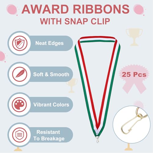 Award Neck Ribbons, Pack van 25 Polyester Medal Lanyards met Click Clip, Blank Award Ribbon voor Competition Performance Sport Party, Groen/Wit/Rood 3