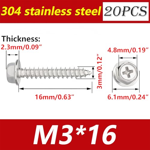 20st zelftappende schroeven met flens, M3x16mm
