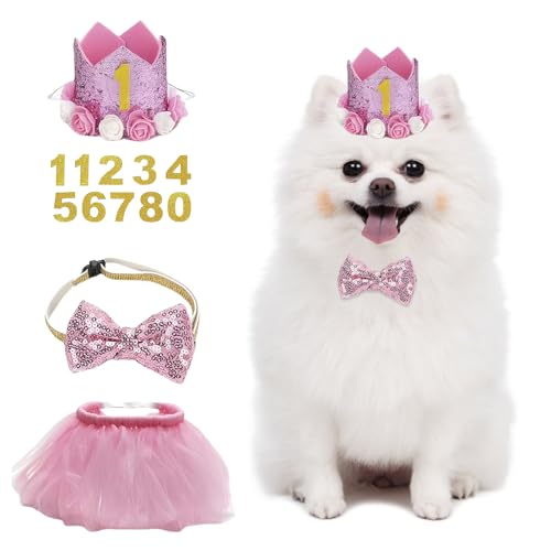Huisdier Verjaardag Hoed Kit, Honden Verjaardag Hoed, Hondenfeest Decoraties met 1 Kroonhoed, 1 Boeg Tie, 1 rok, 10 Glitter Cijfers, Huisdier kostuums Hoofdkleding Accessoires voor kleine, middelgrote en