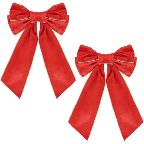 Kerst Rode Strikken Fluwelen Krans Boog Gouden Randen Kerstboom Topper Ornament Voor Thuis Party Deur Garland Indoor Outdoor 2 Stks