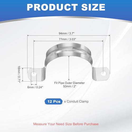 2"(50mm) Stijve Pijpband, 12Scs 304 Roestvrij stalen Buisklem 2 Hole U Bracket Pijpklem Buisband voor Pijp Kabeldraad bevestiging